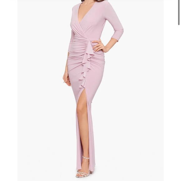 NWT Betsy and Adam Aubree Ruched Ruffle Long Sleeve V Neck Jersey Wrap Gown - Picture 12 of 16